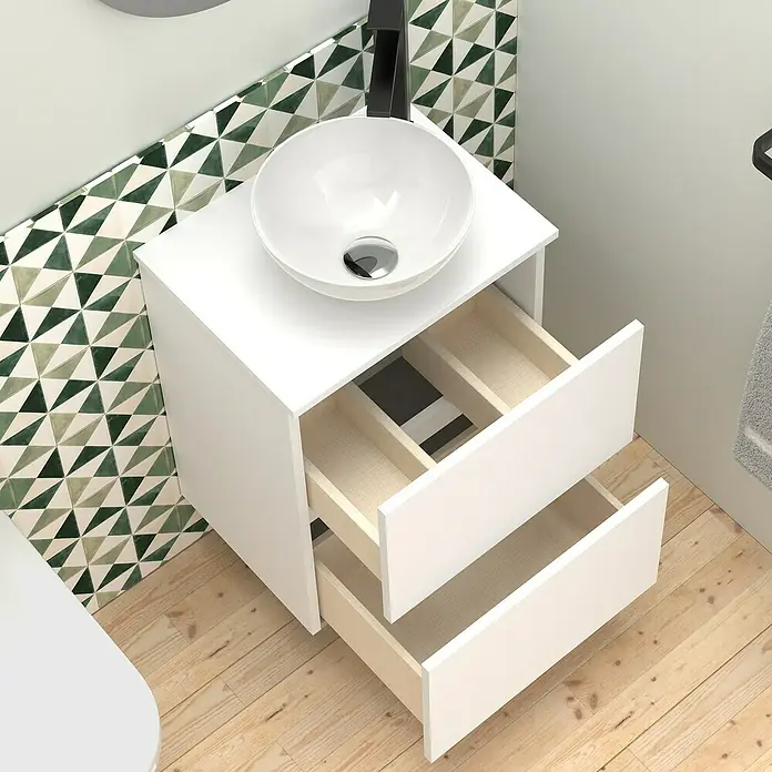 Artysan Conjunto de mueble de baño Nuca - Ancho: 45 cm, Blanco, 3 pzs. - Elegante lavabo de baño con diseño de cajones abiertos y lavabo sobre encimera elegante. Ideal para baños modernos.