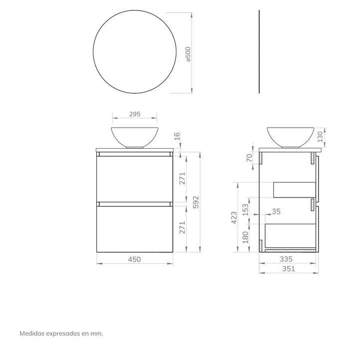 Artysan Conjunto de mueble de baño Nuca - Ancho: 45 cm, Nature, 3 pzs. - Dibujo técnico de un mueble de baño con lavabo y espejo, incluyendo dimensiones en milímetros.