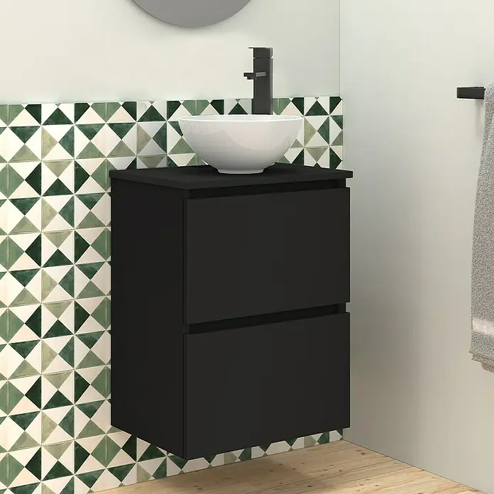 Artysan Conjunto de mueble de baño Nuca - Ancho: 45 cm, Negro, 3 pzs. - Imagen de un mueble de lavabo negro con lavabo sobre encimera. El mueble tiene dos cajones y un diseño minimalista.