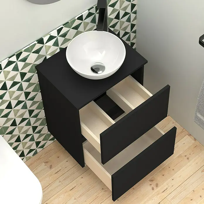 Artysan Conjunto de mueble de baño Nuca - Ancho: 45 cm, Negro, 3 pzs. - Un moderno mueble de baño negro con dos cajones abiertos y un lavabo sobre encimera.