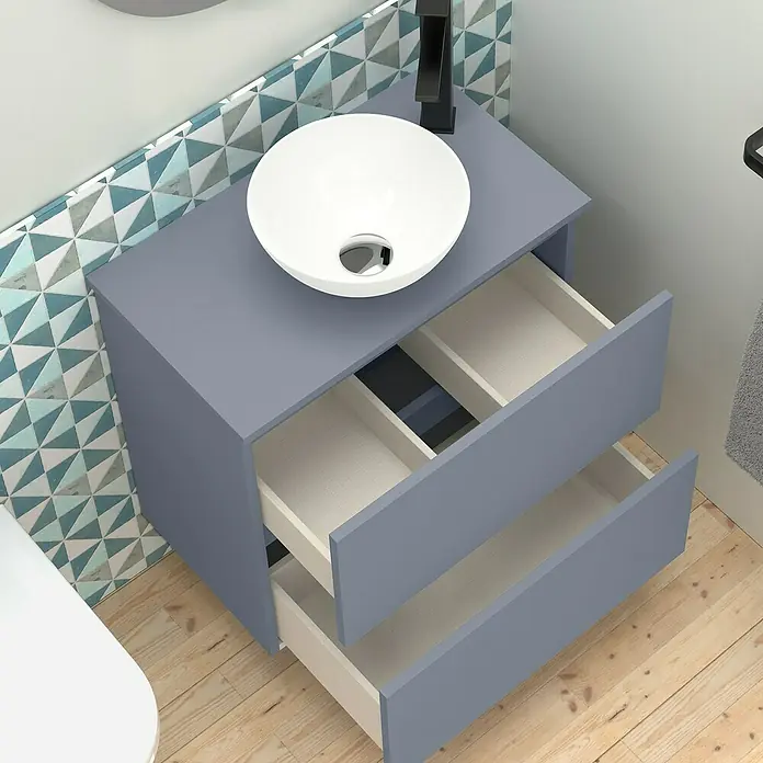 Artysan Conjunto de mueble de baño Nuca - Ancho: 60 cm, Azul, 3 pzs. - Moderno conjunto de baño con tocador azul, lavabo sobre encimera y cajones abiertos para almacenamiento y diseño elegante.