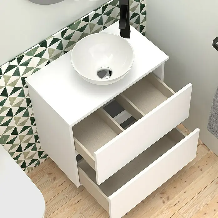 Artysan Conjunto de mueble de baño Nuca - Ancho: 60 cm, Blanco, 3 pzs. - Mueble de baño moderno con tocador blanco, lavabo sobre encimera y cajones abiertos, ideal para un diseño elegante y funcional.