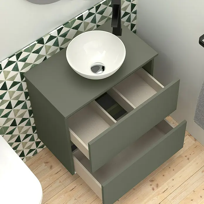 Artysan Conjunto de mueble de baño Nuca - Ancho: 60 cm, Verde Musgo, 3 pzs. - Un moderno mueble de baño verde oliva con sistema de cajones abiertos y lavabo sobre encimera. Un diseño elegante que encaja en cualquier baño.