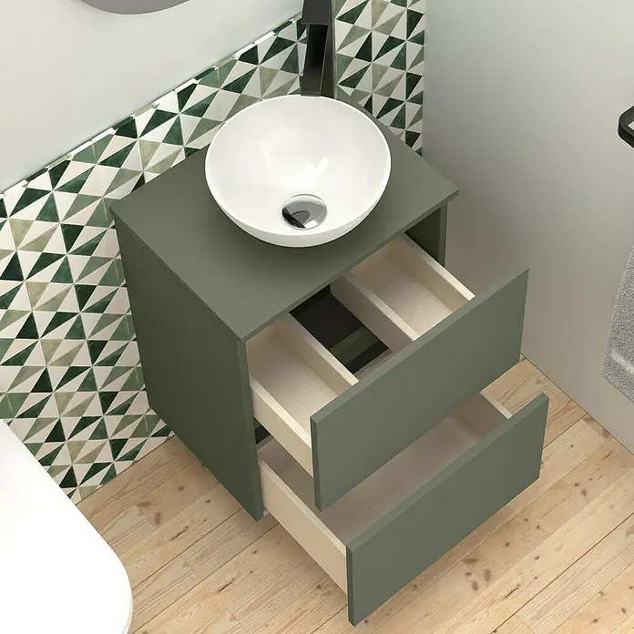 Artysan Conjunto de mueble de baño Nuca - Ancho: 45 cm, Verde Musgo, 3 pzs. - Un moderno mueble de baño verde oliva con lavabo sobre encimera que ofrece almacenamiento con sus cajones y mejora el baño.