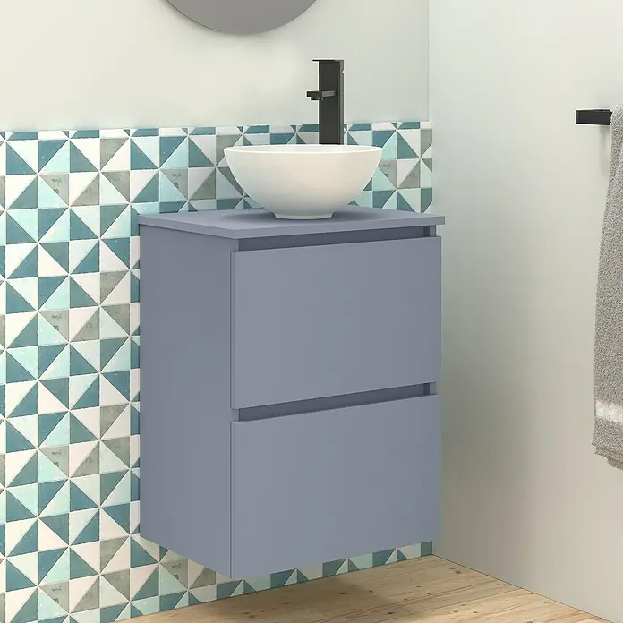 Artysan Conjunto de mueble de baño Nuca - Ancho: 45 cm, Azul, 3 pzs. - Elegante lavabo de baño con mueble de diseño moderno. El mueble gris cuenta con dos cajones y un lavabo sobre encimera.