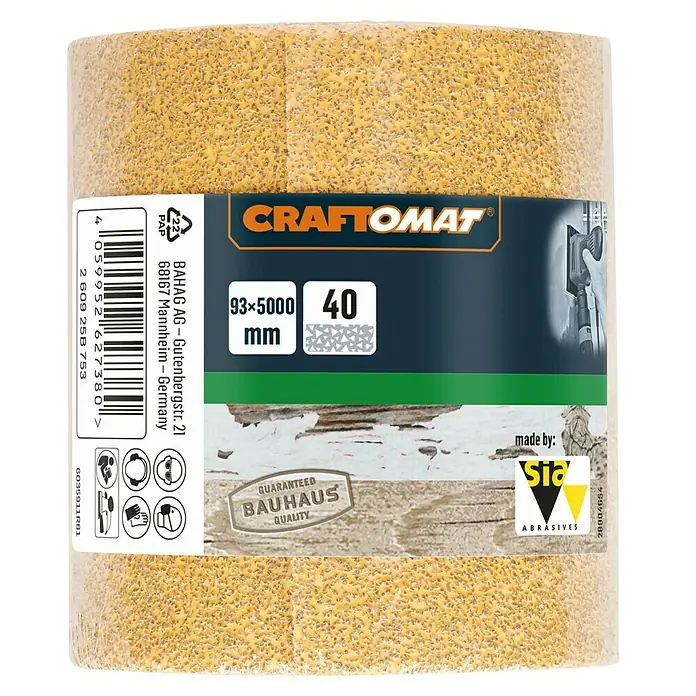 Craftomat Schleifpapier - Körnung: 40, 93 x 5.000 mm - Eine Rolle CRAFTOMAT Schleifpapier, Körnung 40, Abmessungen 93 x 5000 mm, ideal für Schleifarbeiten.