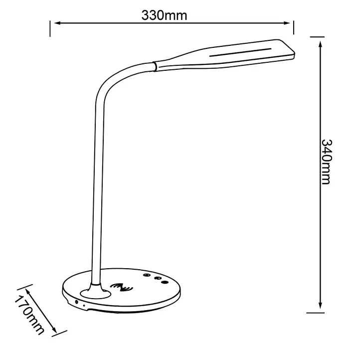 Brilliant LED-Tischleuchte Joni - 5,5 W, L x B x H: 33 x 17 x 34 cm, Weiß, Mehrfarbig - Produktbild einer Schreibtischlampe mit den Maßen 330mm, 340mm und 170mm. Schlichtes Design für den modernen Arbeitsplatz.
