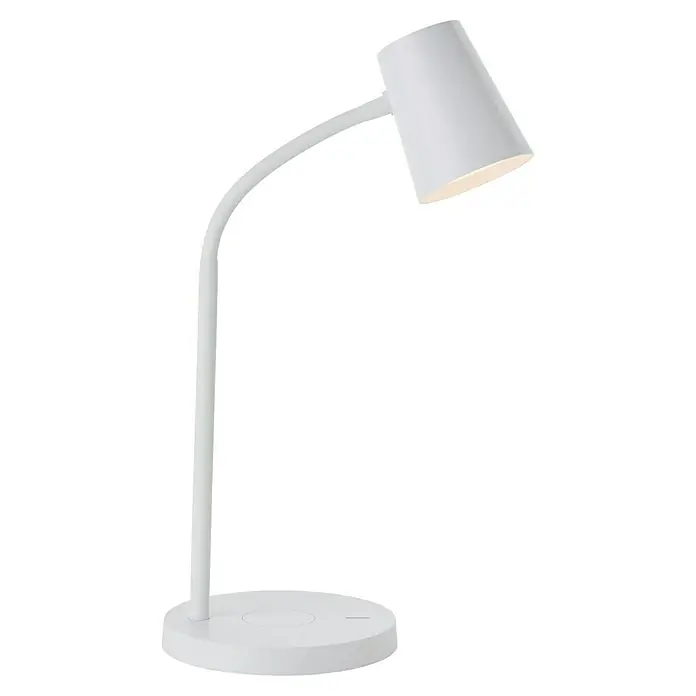 Brilliant LED-Tischleuchte Illa - 6,5 W, L x B x H: 14,2 x 14,2 x 26 cm, Weiß, Warmweiß - Weiße Schreibtischlampe mit einem gebogenen Arm und einem runden Fuß, die ein sanftes Licht ausstrahlt.