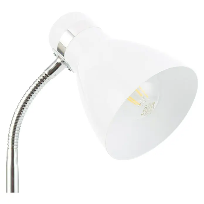 Brilliant LED-Tischleuchte Allison - L x B x H: 22 x 15,5 x 24,5 cm, Weiß - Nahaufnahme einer weißen Schreibtischlampe mit flexiblem Chromarm und LED-Leuchtmittel für optimales Licht beim Arbeiten.