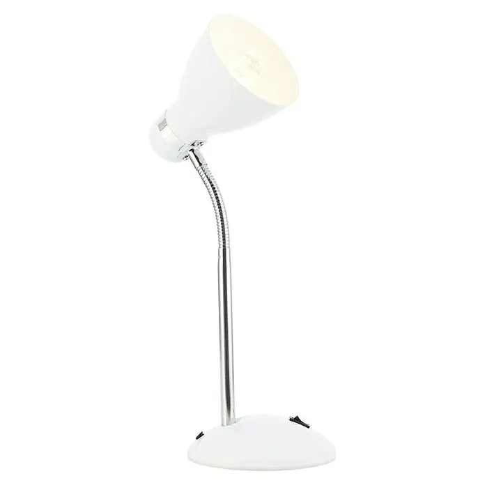 Brilliant LED-Tischleuchte Allison - L x B x H: 22 x 15,5 x 24,5 cm, Weiß - Nahaufnahme einer weißen Schreibtischlampe mit flexiblem Hals und leuchtendem Lampenkopf. Ideal für Büro oder Arbeitszimmer.