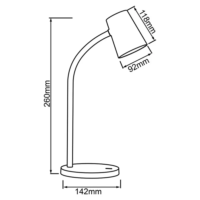 Brilliant LED-Tischleuchte Illa - 6,5 W, L x B x H: 14,2 x 14,2 x 26 cm, Weiß, Warmweiß - Skizze einer Tischleuchte mit den Maßen 260mm Höhe, Lampenschirm 118x92mm und einem Fußdurchmesser von 142mm für den Schreibtisch.