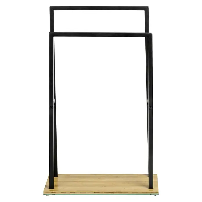 Wenko Toallero de barra Bambusa - L x An x Al: 20 x 46 x 80 cm, Acero, Negro - Un moderno perchero con estructura metálica negra y estante de madera clara, ideal para exhibir prendas de vestir con estilo.