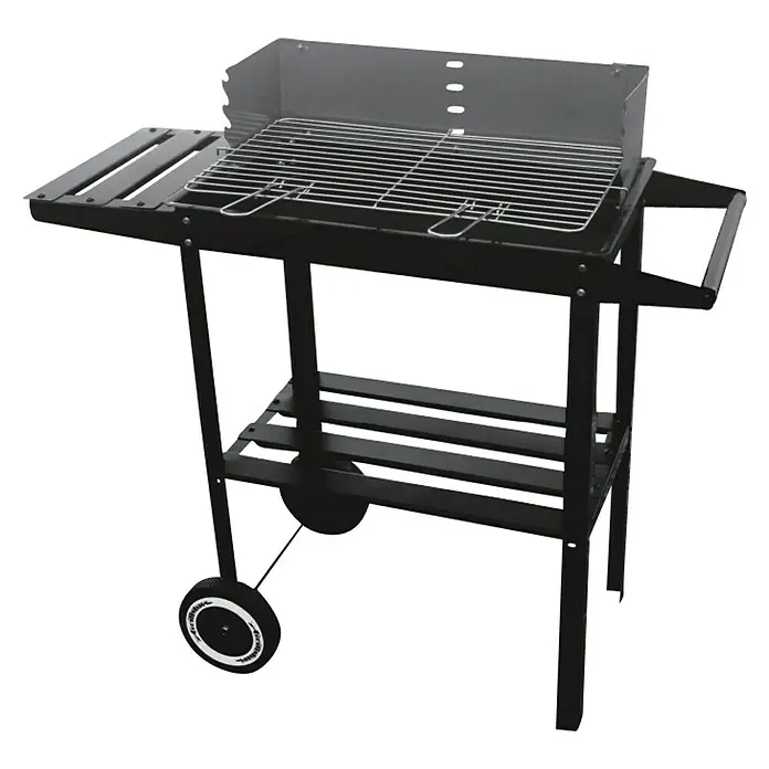 Grillstar Barbacoa de carbón Nevada - Superficie de la parrilla (An x Pr): 49 x 27 cm, Negro - Imagen de una barbacoa de carbón negra con estanterías y ruedas para facilitar el transporte.