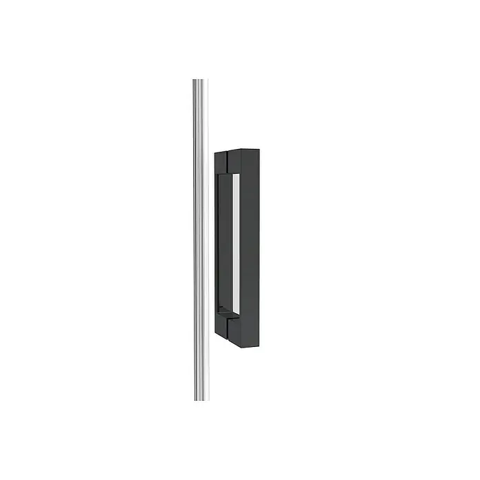 GME Mampara de ducha esquinera Twenty Angular - L x An x Al: 70 x 70 x 195 cm, Vidrio transparente, Negro - Primer plano de una moderna manija de puerta negra en una cabina de ducha, que muestra un diseño elegante y funcionalidad.