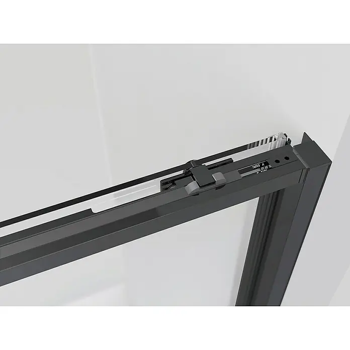 GME Mampara de ducha esquinera Twenty - L x An x Al: 80 x 120 x 195 cm, Vidrio transparente, Negro - Primer plano de un marco de ducha negro con herrajes para puertas correderas. El diseño minimalista realza la estética moderna del baño.