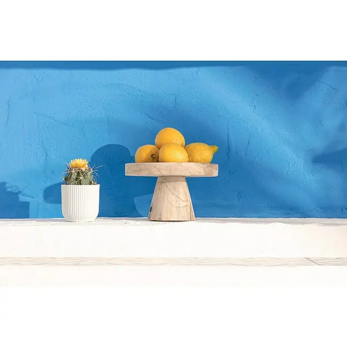 swingcolor Buntlack Acryl - Himmelblau, Seidenmatt, 375 ml, Wasserbasiert - Ein Arrangement aus Zitronen auf einem Holzständer und einem Kaktus mit gelber Blüte vor blauem Hintergrund.