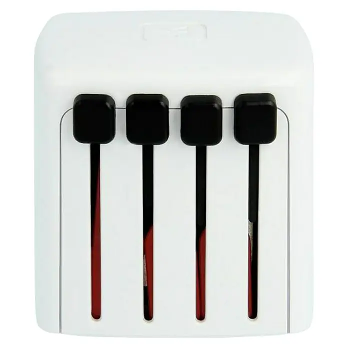 Skross Reiseadapter World USB Charger - Netzsteckertyp Reiseadapter: Typ A (NEMA-1), Weiß - Weiße Steckdosenleiste mit vier schwarzen Schaltern und roten Anzeigen.