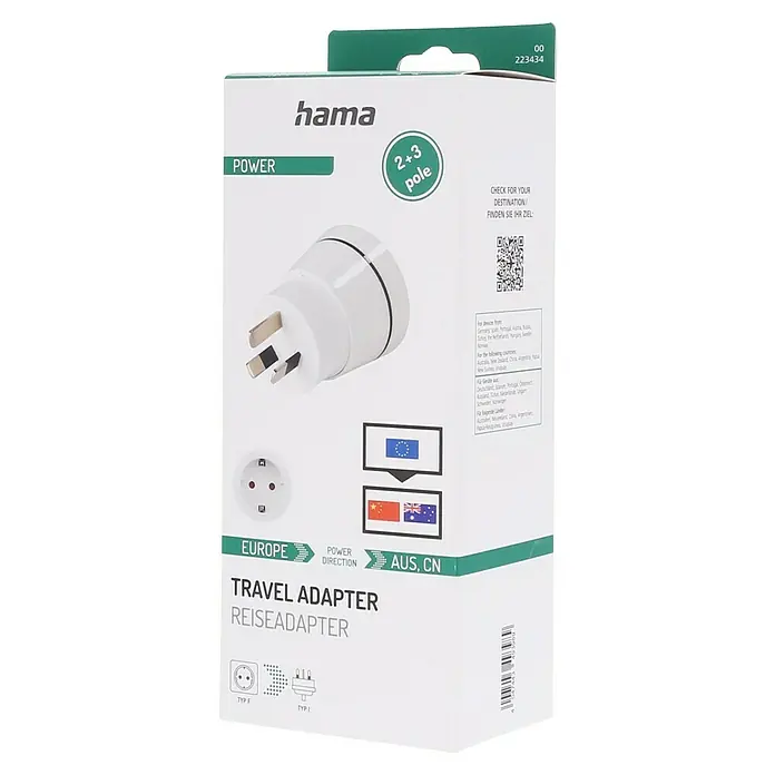 Hama Reiseadapter Europa nach Australien/China - Netzsteckertyp Reiseadapter: Typ I (AS 3112), Weiß - Eine Hama-Reiseadapterverpackung, die die Kompatibilität mit EU- und australischen/chinesischen Steckdosentypen hervorhebt.