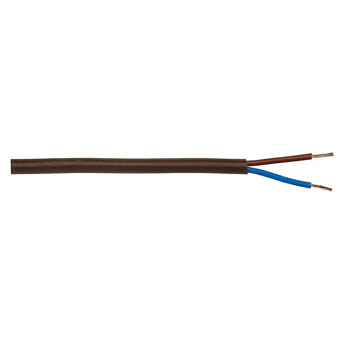 Schlauchleitung Meterware H03VVH2-F 2x0,75 mm² - Anzahl Adern: 2, Braun - Nahaufnahme eines braunen Stromkabels mit freiliegenden blauen und braunen Drähten an einem Ende.