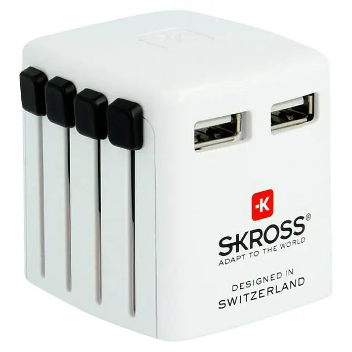 Skross Reiseadapter World USB Charger - Netzsteckertyp Reiseadapter: Typ A (NEMA-1), Weiß - Weißer SKROSS-Reiseadapter mit USB-Anschlüssen und verschiedenen Steckeroptionen für internationale Reisen.