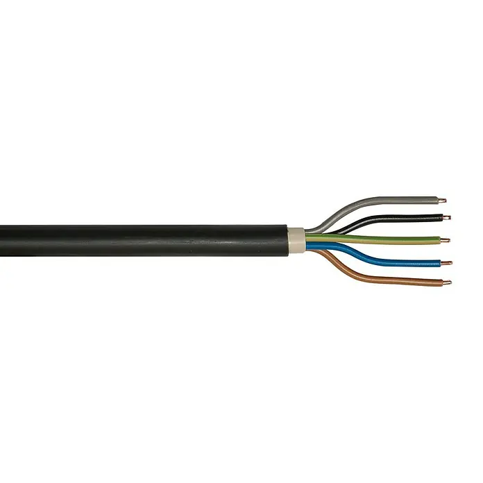 Erdkabel Meterware NYY-J 5x6 mm² - NYY-J, 5, 6 mm², Schwarz - Ein schwarzes Erdkabel mit freiliegenden farbigen Adern für vielfältige elektrische Anwendungen.