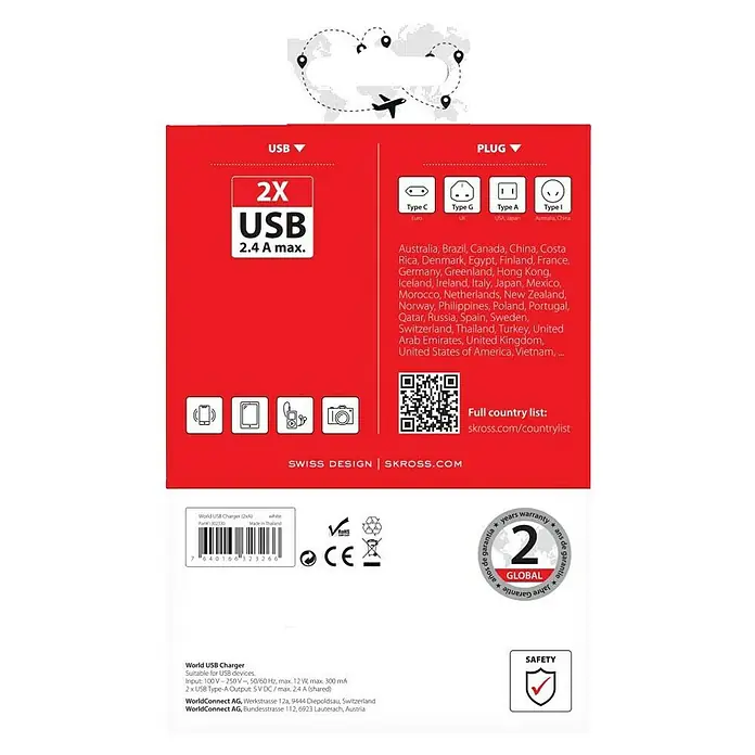 Skross Reiseadapter World USB Charger - Netzsteckertyp Reiseadapter: Typ A (NEMA-1), Weiß - Verpackungsrückseite des World USB Chargers (2.4A) mit Infos zu USB- und Stecker-Typen, Ländern und Zertifizierungen.