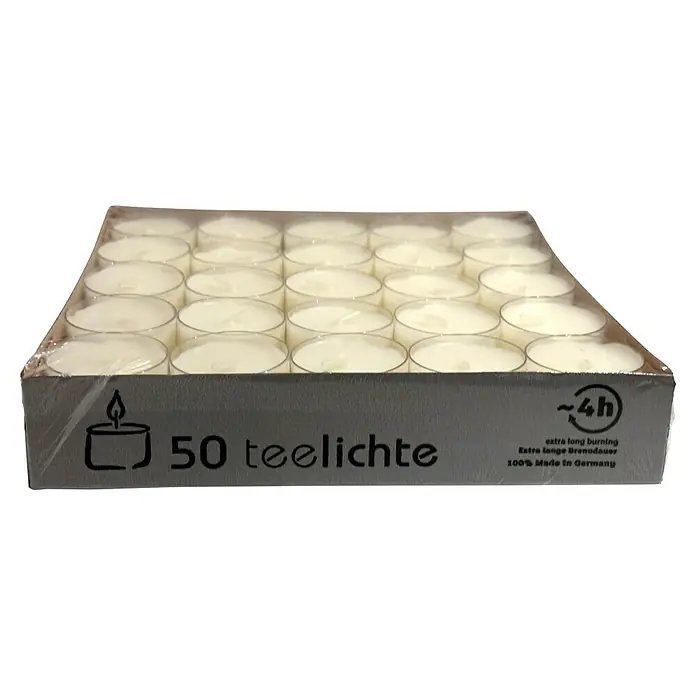 Teelicht - Natural, Brenndauer ca.: 4 h, 50 Stk. - Eine Packung mit 50 Teelichtern, extra lange Brenndauer, 100 % hergestellt in Deutschland.