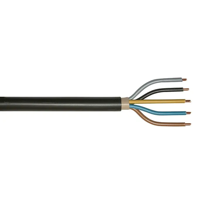 Erdkabel Meterware NYY-J 5x16 mm² - NYY-J, 5, 16 mm², Schwarz - Ein freiliegendes elektrisches Kabel mit fünf farbcodierten Drähten, die aus der schwarzen Ummantelung ragen.