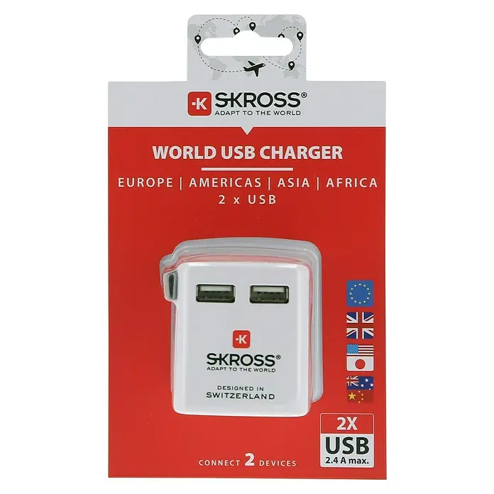 Skross Reiseadapter World USB Charger - Netzsteckertyp Reiseadapter: Typ A (NEMA-1), Weiß - Eine Verpackung des Skross World USB-Ladegeräts, ein kompakter Adapter zum Aufladen von Geräten weltweit mit 2 USB Anschlüssen.