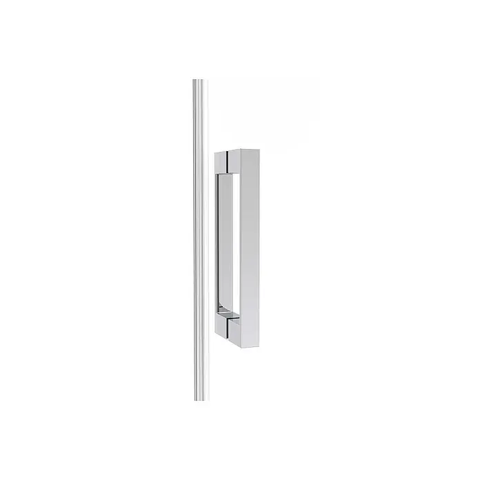 GME Mampara de ducha frontal Twenty - 130 x 195 cm, Espesor de vidrio: 6 mm, Cromo - Primer plano de un moderno tirador rectangular cromado para puerta de ducha, con líneas limpias y reflejos sobre una cabina de ducha blanca.