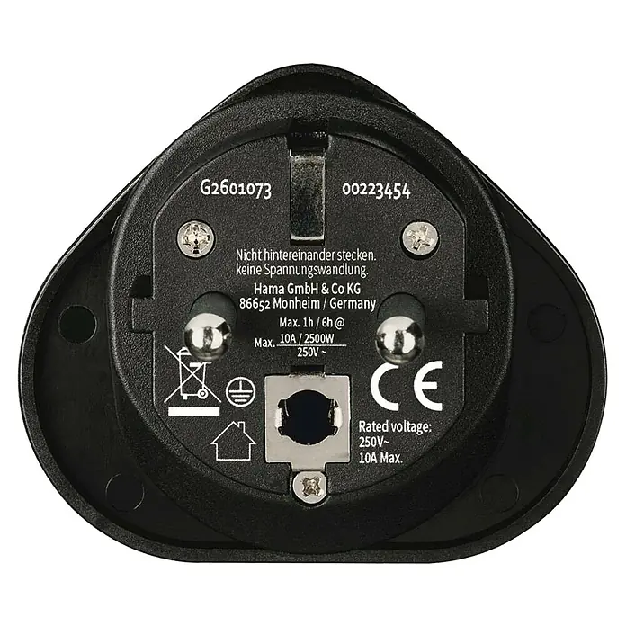 Hama Reiseadapter Welt nach Europa - Netzsteckertyp Reiseadapter: Typ E+F (CEE 7/7), Schwarz - Rückseite eines schwarzen Hama-Adapters, der Details zu Spannung, Stromstärke und Herstellerinformationen zeigt.
