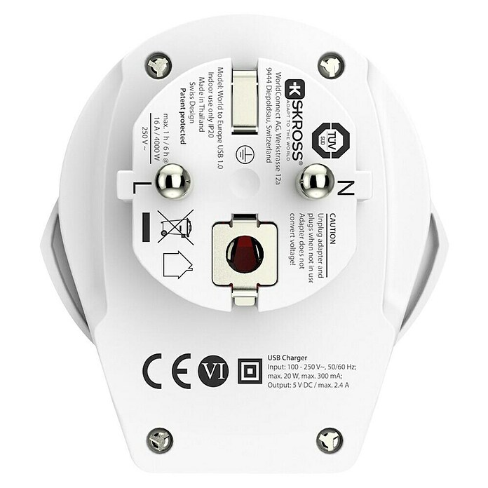 Skross Adaptador de viaje con USB-A (Tipo de enchufe de red de adaptador de viaje: Tipo E+F (CEE 7/7), Blanco) | BAUHAUS