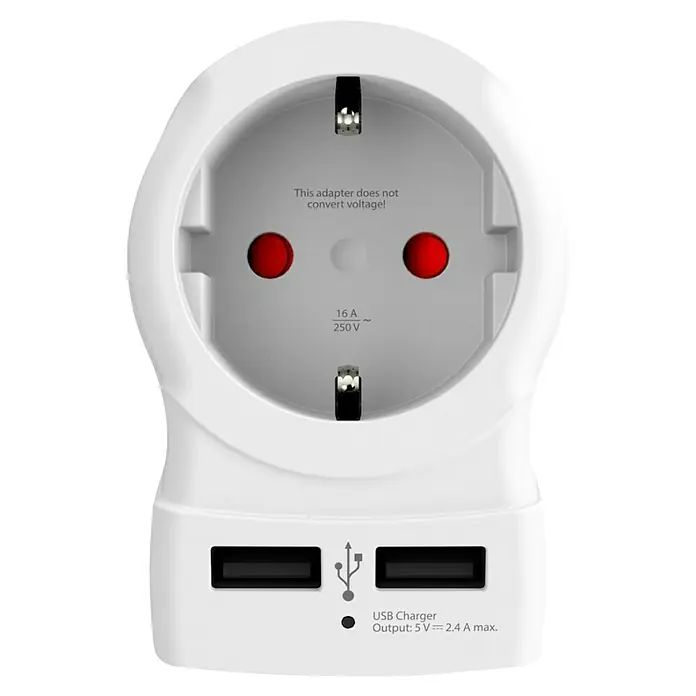 Skross Reiseadapter Europe to US USB - Netzsteckertyp Reiseadapter: Typ B (NEMA-5), Weiß - Weißer Steckdosenadapter mit USB-Anschlüssen. Konvertiert keine Spannung, 16 A, 250 V, USB-Ladegerät mit 5 V und 2,4 A max. Ausgangsleistung.