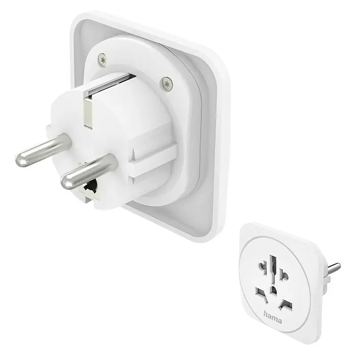 Hama Reiseadapter Welt nach Europa - Netzsteckertyp Reiseadapter: Typ E+F (CEE 7/7), Weiß - Weißer Hama-Steckeradapter für verschiedene Steckdosentypen, kompakt und ideal für Reisen, um Geräte weltweit anzuschließen.