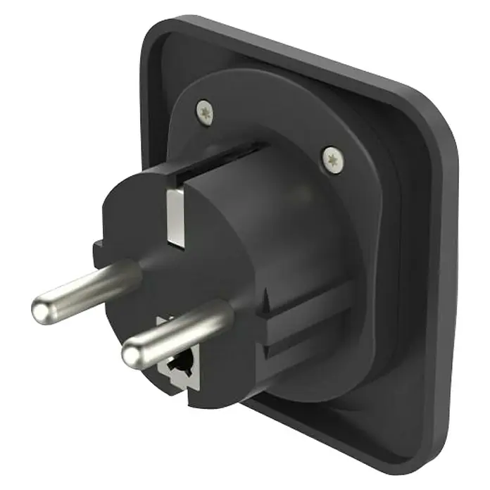 Hama Reiseadapter Welt nach Europa - Netzsteckertyp Reiseadapter: Typ E+F (CEE 7/7), Schwarz - Eine Nahaufnahme eines schwarzen Schuko-Einbausteckers mit silbernen Kontakten und Befestigungsschrauben.