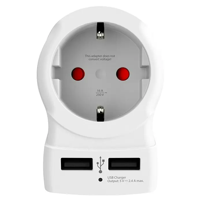 Skross Reiseadapter Europe to UK USB - Netzsteckertyp Reiseadapter: Typ G (BS 1363), Weiß - Ein weißer Netzadapter mit USB-Anschlüssen, der mit 16 A und 250 V betrieben wird. Er konvertiert keine Spannung.