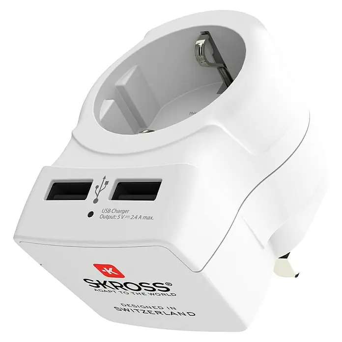 Skross Reiseadapter Europe to UK USB - Netzsteckertyp Reiseadapter: Typ G (BS 1363), Weiß - Ein weißer Skross-Reiseadapter mit USB-Ladegerät, ideal für internationale Reisen und zum Aufladen von Geräten weltweit.