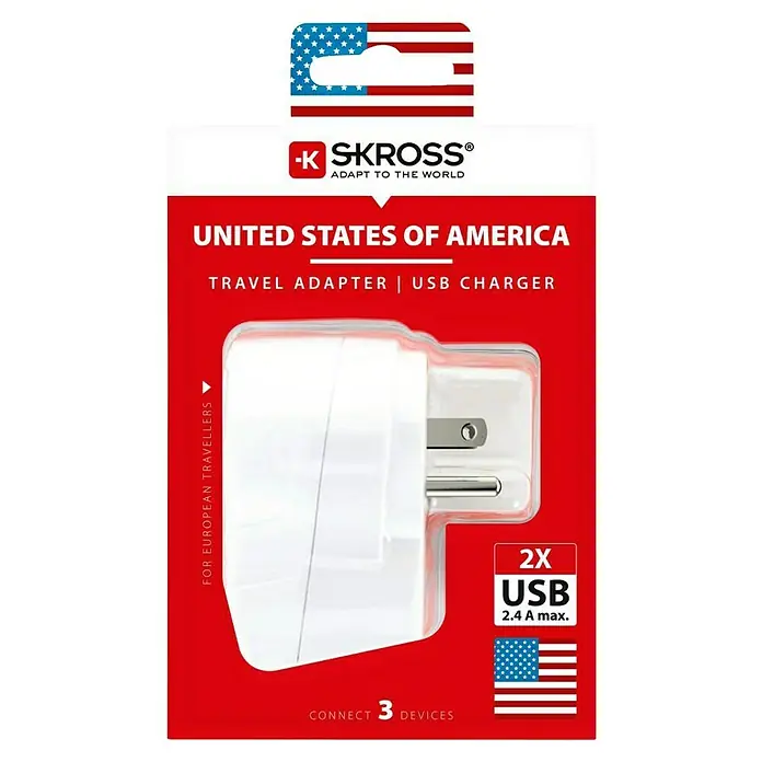 Skross Reiseadapter Europe to US USB - Netzsteckertyp Reiseadapter: Typ B (NEMA-5), Weiß - SKROSS® Reisestecker für die Vereinigten Staaten von Amerika mit 2 USB Anschlüssen zum Laden von bis zu drei Geräten.