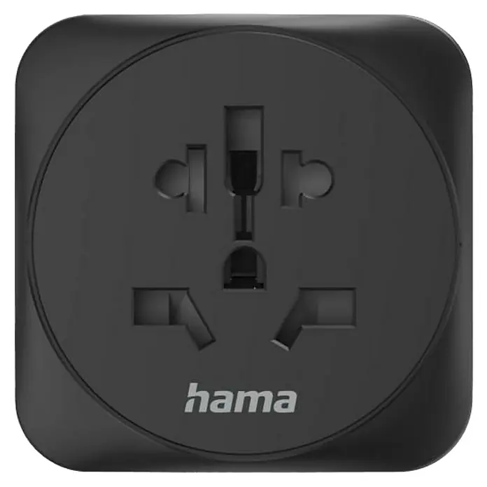 Hama Reiseadapter Welt nach Europa - Netzsteckertyp Reiseadapter: Typ E+F (CEE 7/7), Schwarz - Nahaufnahme eines Hama-Reiseadapters mit verschiedenen Steckeroptionen. Kompaktes und praktisches Gerät für Reisende.