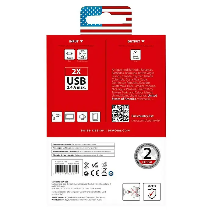 Skross Reiseadapter Europe to US USB - Netzsteckertyp Reiseadapter: Typ B (NEMA-5), Weiß - Reisestecker-Adapter: Geeignet für Europa (Typ C/E+F) zu USA (Typ B) mit 2 USB-Anschlüssen (2.4A max.), ideal für Reisen.