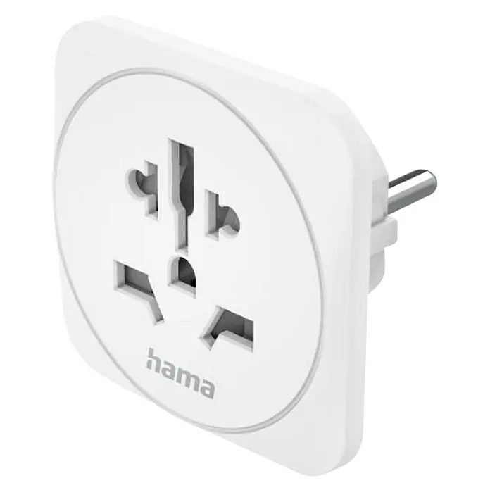 Hama Reiseadapter Welt nach Europa - Netzsteckertyp Reiseadapter: Typ E+F (CEE 7/7), Weiß - Nahaufnahme eines weißen Hama-Reiseadapters mit verschiedenen Steckdosen.