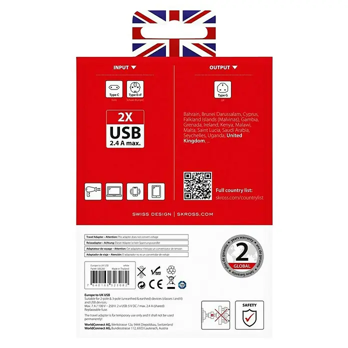 Skross Reiseadapter Europe to UK USB - Netzsteckertyp Reiseadapter: Typ G (BS 1363), Weiß - Produktverpackung für einen Reiseadapter, der Typ C und E+F Eingänge in Typ G Ausgänge umwandelt und über 2 USB-Anschlüsse verfügt.