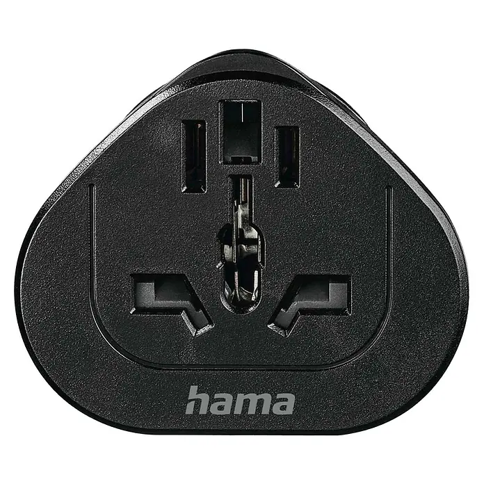 Hama Reiseadapter Welt nach Europa - Netzsteckertyp Reiseadapter: Typ E+F (CEE 7/7), Schwarz - Abbildung eines schwarzen Hama-Universal-Reiseadapters mit verschiedenen Steckdosen.