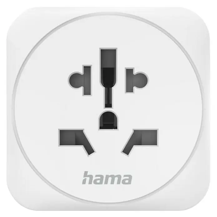 Hama Reiseadapter Welt nach Europa - Netzsteckertyp Reiseadapter: Typ E+F (CEE 7/7), Weiß - Nahaufnahme eines weißen Hama-Adapters mit universalem Steckdosensystem für verschiedene Stecker-Typen.