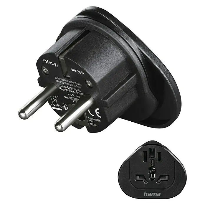 Hama Reiseadapter Welt nach Europa - Netzsteckertyp Reiseadapter: Typ E+F (CEE 7/7), Schwarz - Ein schwarzer Hama-Reiseadapter mit runden Stiften und einem Anschluss für verschiedene Steckertypen. Kompakt und praktisch für unterwegs.