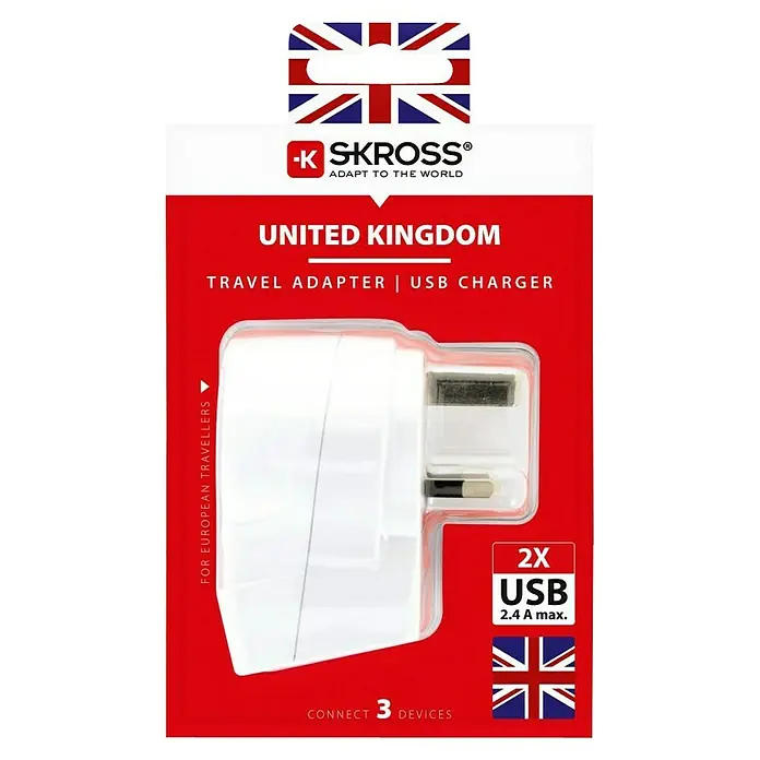 Skross Reiseadapter Europe to UK USB - Netzsteckertyp Reiseadapter: Typ G (BS 1363), Weiß - Das Bild zeigt einen SKROSS Reiseadapter für Großbritannien mit USB-Anschluss, ideal für Reisende.