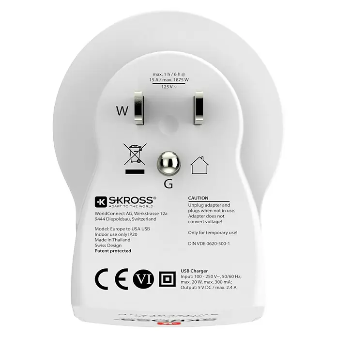 Skross Reiseadapter Europe to US USB - Netzsteckertyp Reiseadapter: Typ B (NEMA-5), Weiß - Nahaufnahme eines weißen Skross-Adapters für Europa auf USA mit USB-Ladegerät, der sich ideal für Reisen und den Gebrauch in Innenräumen eignet.