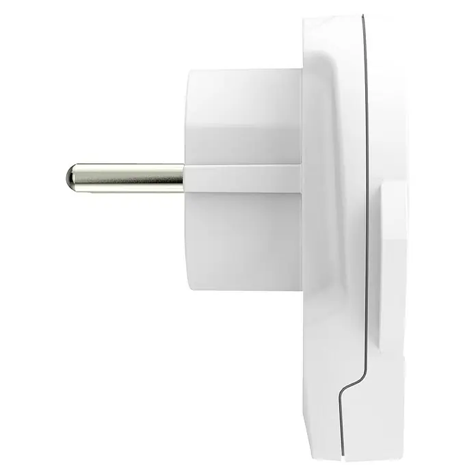 Skross Reiseadapter World to Europe USB - Netzsteckertyp Reiseadapter: Typ E+F (CEE 7/7), Weiß - Nahaufnahme eines weißen Steckers mit rundem Stift und grauer Linie am Rand.