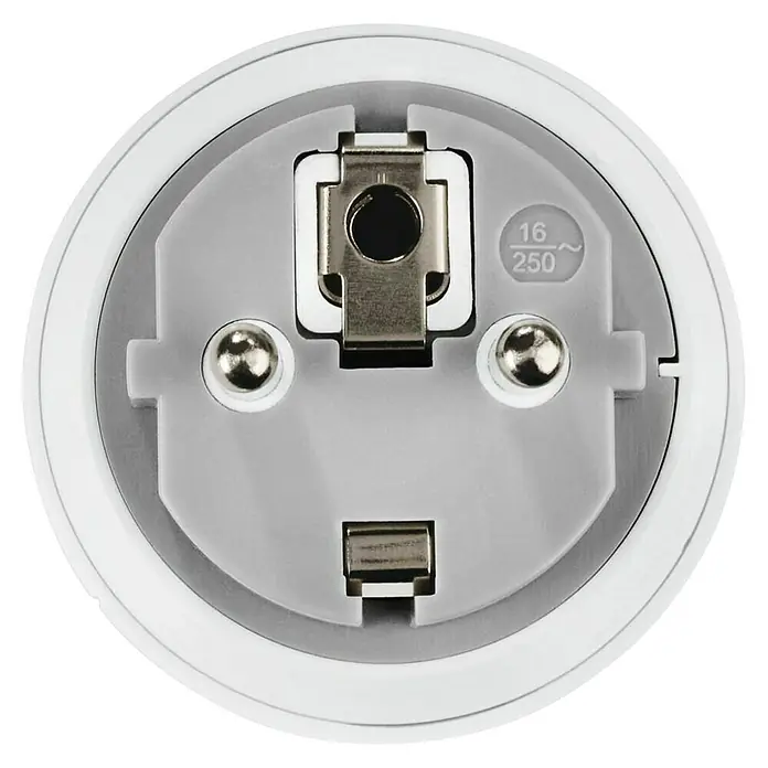 Hama Reiseadapter China/Australien nach Europa - Netzsteckertyp Reiseadapter: Typ E+F (CEE 7/7), Weiß - Nahaufnahme einer weißen Schuko-Steckdose mit Metallkontakten und Aufschrift "16 250" für Spannung und Stromstärke.