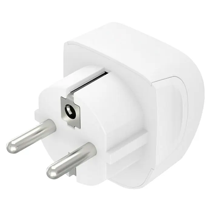 Hama Reiseadapter USA/Kanada nach Europa - Netzsteckertyp Reiseadapter: Typ E+F (CEE 7/7), Weiß - Nahaufnahme eines weißen EU-Steckers mit zwei runden Stiften und einem Erdungsclip. Ideal für europäische Steckdosen.